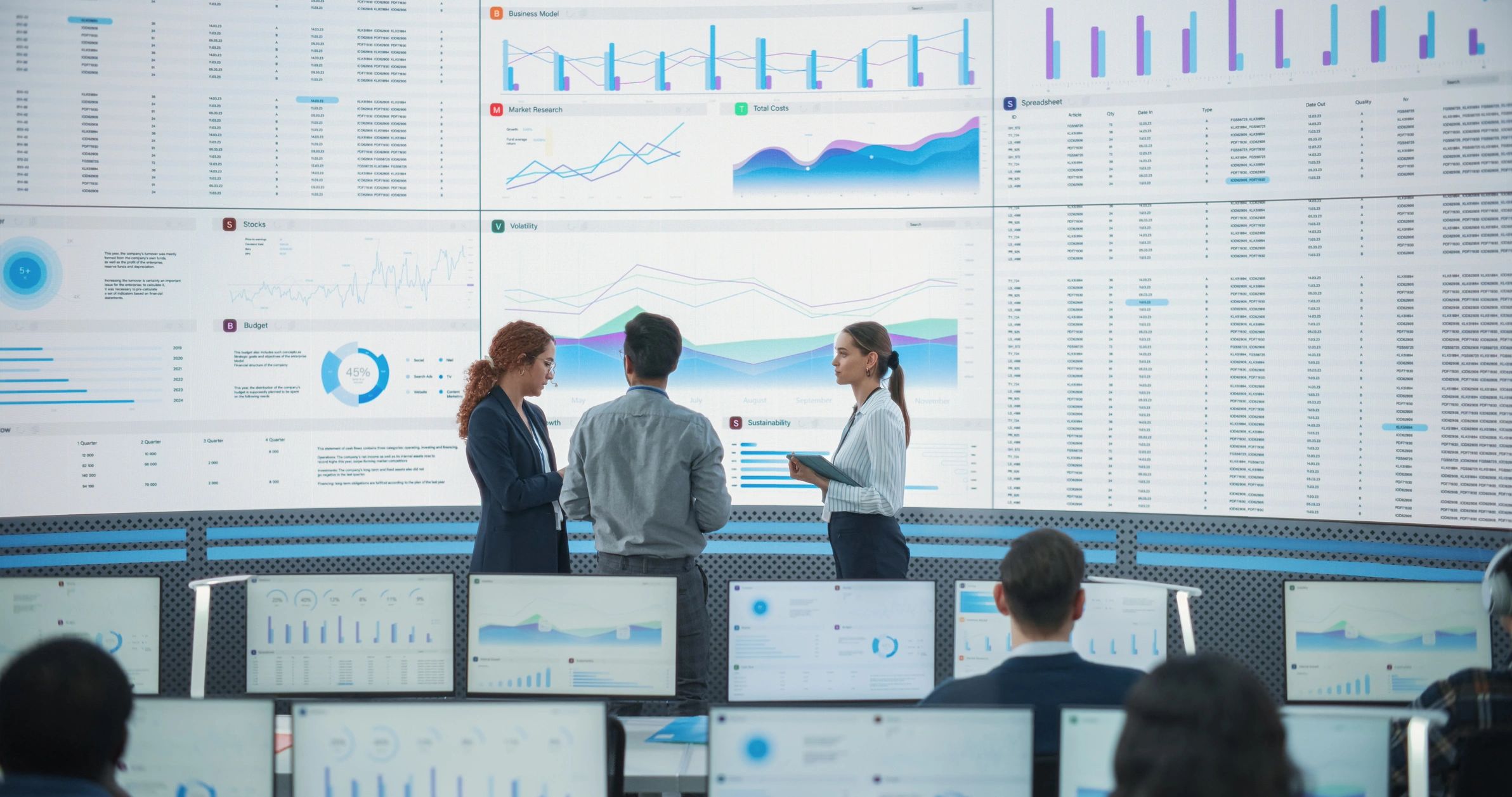 Consulting team reviewing performance dashboards and growth metrics