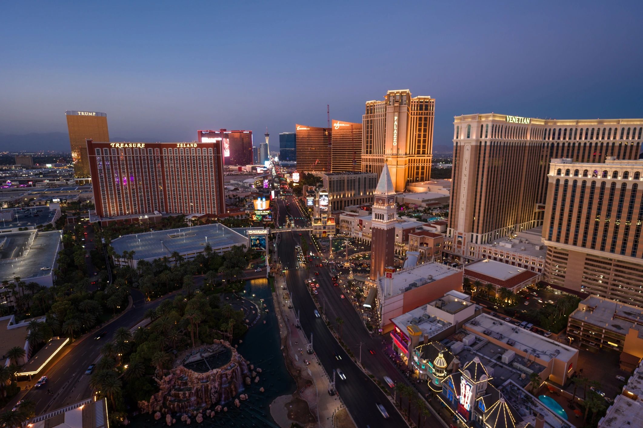 High Angle Wide Shot of Las Vegas Strip at Twilight